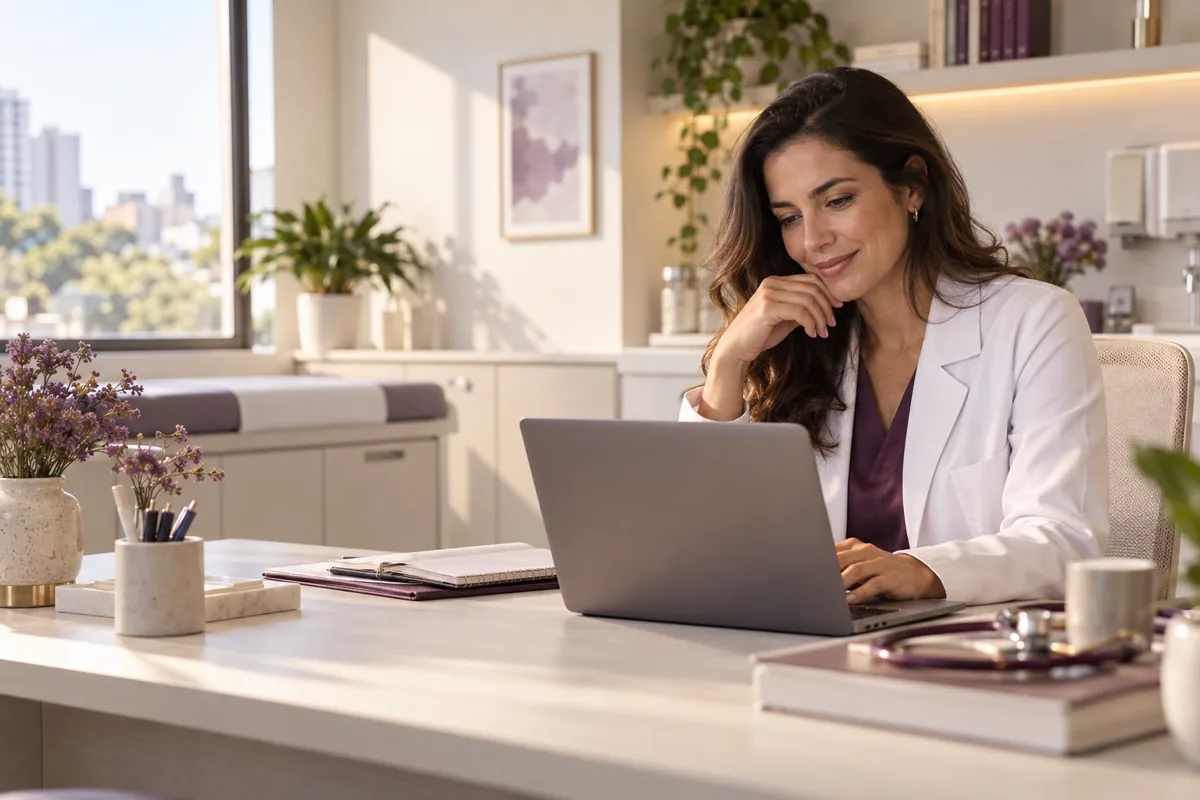 Médica revisando um texto no computador
