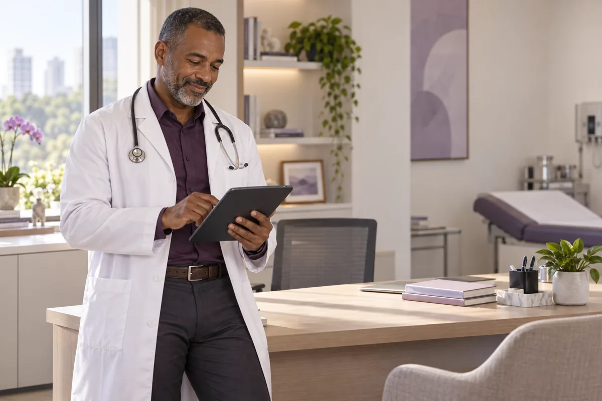 Imagem ilustrativa de médico usando um tablet no consultório